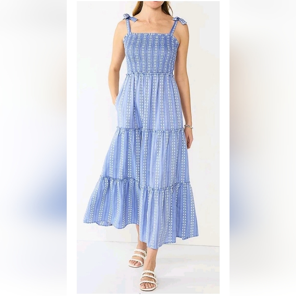 Draper James Blue and White Striped Tie-Shoulder Maxi Dress